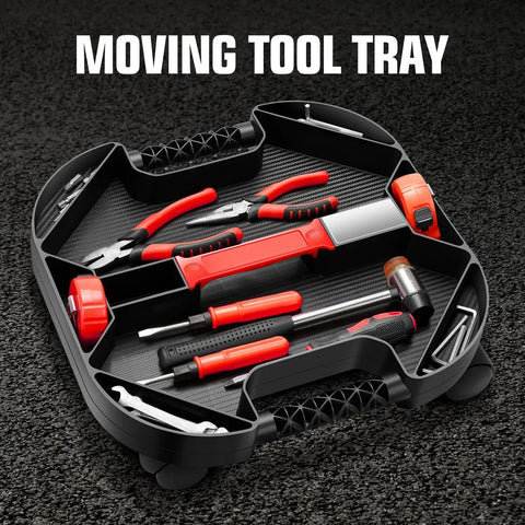 Portable Tool Creeper Caddy Tray With Four Swivel Wheels For Automotive Repair And Home Garage Use A Rolling Work Tray With 30 Lb Load Capacity Ideal For Mechanics And DIY Enthusiasts with red and black tools on a textured surface.