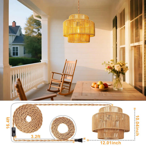 Hand Woven Rattan Plug In Hanging Light For Living Room Bedroom Kitchen Ceiling Pendant Fixture Featuring Cool Boho Glam and 12.01inch size.