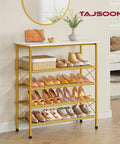 Real Deal Five Tier Shoe Rack Organizer For Up To Twenty Pairs Of Shoes Featuring Slick White And Gold Metal Mesh Shelves With Spacious Top Deck