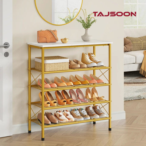 Real Deal Five Tier Shoe Rack Organizer For Up To Twenty Pairs Of Shoes Featuring Slick White And Gold Metal Mesh Shelves With Spacious Top Deck