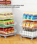 3-Tier Rolling Pantry Cart with wheels, stacked with snacks and bottles, in kitchen, Stackable Wire Shelving Stand, White Pantry Organizer.