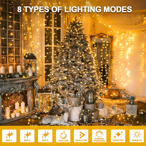Warm White LED String Lights 70 Ft Waterproof and Connectable for Indoor and Outdoor Holiday Decor wrapped around Christmas tree