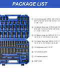 Package list of 66 Piece Pneumatic Tool And Accessory Kit With Universal Long And Short Sockets Extension Rods Connectors And Ratchet Wrenches For Pro DIY And Repair Tasks Heavy Duty Black And Blue, showing socket sets and wrench in blue case