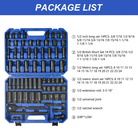 Package list of 66 Piece Pneumatic Tool And Accessory Kit With Universal Long And Short Sockets Extension Rods Connectors And Ratchet Wrenches For Pro DIY And Repair Tasks Heavy Duty Black And Blue, showing socket sets and wrench in blue case