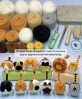 Beginner Friendly Needle Felting Kit For Adults Who Love Getting Crafty With All In One DIY Craft Supplies Including Wool Colors Felting Needles Pad Tools Instructions Leather Finger Protectors And A Starter Tool For Making Cute Faceless Animal Figures with colored wool, felting pad, tools, and finished animal figures displayed.