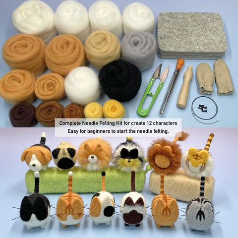 Beginner Friendly Needle Felting Kit For Adults Who Love Getting Crafty With All In One DIY Craft Supplies Including Wool Colors Felting Needles Pad Tools Instructions Leather Finger Protectors And A Starter Tool For Making Cute Faceless Animal Figures with colored wool, felting pad, tools, and finished animal figures displayed.