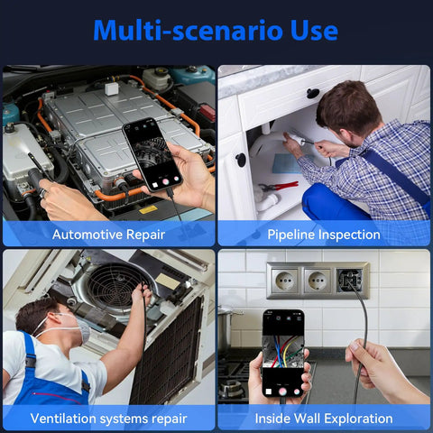 Four scenarios using Dual-Lens 1920P HD Endoscope With Light, 8 Plus 1 Adjustable LEDs, 32.8ft Semi-Rigid Borescope Cord in tight spots.