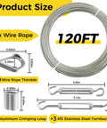 1/8 Inch Stainless Steel Wire Rope Kit 120 Ft With Turnbuckles Thimbles Sleeves Crimping Loops For Garden String Lights Deck Railing Diy Projects Heavy Duty Aircraft Cable with components and measurements displayed.
