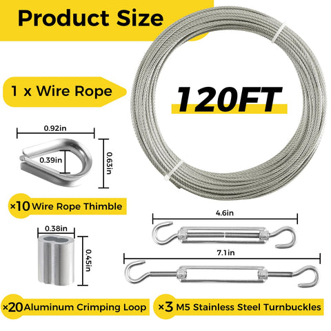 1/8 Inch Stainless Steel Wire Rope Kit 120 Ft With Turnbuckles Thimbles Sleeves Crimping Loops For Garden String Lights Deck Railing Diy Projects Heavy Duty Aircraft Cable with components and measurements displayed.
