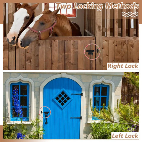 INTERWARM 4Pcs Slide Bolt Gate Latch for Wooden Fence demonstrated on barn stall and blue garden door.