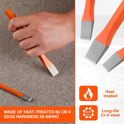 Heavy Duty Cold Chisel Set, Three Piece Cr-V steel chisels for carpentry, woodworking, showcasing 3/8 inch blade in use