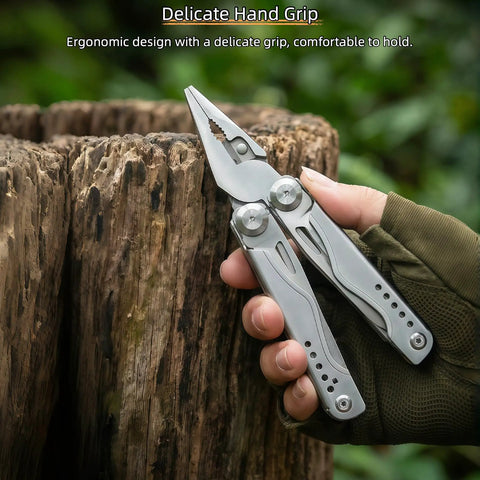 Everyday Carry 18 In 1 Multitool Pliers With Ergonomic Handle held against wooden background