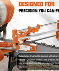 Two In One Chainsaw Sharpener Kit With Round And Flat Files shown sharpening a chainsaw chain with a visible angle scale guide frame
