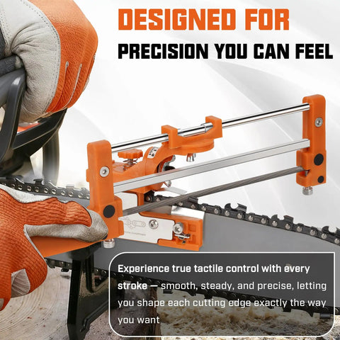 Two In One Chainsaw Sharpener Kit With Round And Flat Files shown sharpening a chainsaw chain with a visible angle scale guide frame