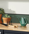 Tempered Steel Hand Trowel With Wood Handle 13 Inch Garden Tool beside plants in clay pots on a wooden table