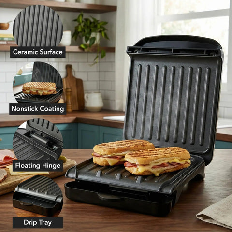 Ovente Two Serving Electric Indoor Grill And Panini Press Compact Contact Maker For Juicy Steaks Bold Smoky Flavor No Outdoor Mess Black Kitchen Appliance with grilled sandwiches and ceramic surface.