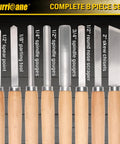 8 Piece Wood Lathe Turning Tool Set for Woodworking with skew chisels, spear point, parting tool, and gouges visible.