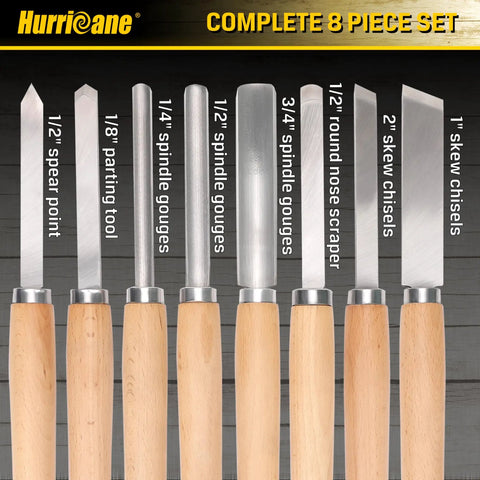 8 Piece Wood Lathe Turning Tool Set for Woodworking with skew chisels, spear point, parting tool, and gouges visible.