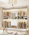 Hella Spacious Wood Closet System With Integrated Mirror Cabinet And Four Deep Storage Drawers Paired With Four Top Shelf Hanging Rods Plus Effortlessly Adjustable Shelves For Real Life Needs in modern interior design with hanging clothes and folded items.