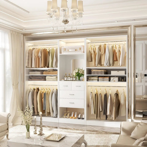 Hella Spacious Wood Closet System With Integrated Mirror Cabinet And Four Deep Storage Drawers Paired With Four Top Shelf Hanging Rods Plus Effortlessly Adjustable Shelves For Real Life Needs in modern interior design with hanging clothes and folded items.
