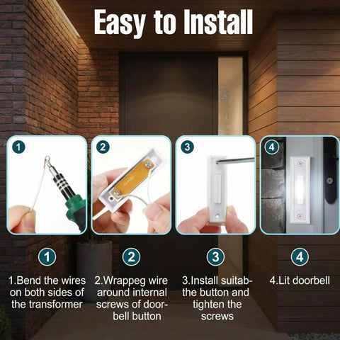 Lighted Doorbell Button White LED Go-To Replacement For Low Voltage Wired Doorbell Chimes And Transformers Universal Compatibility For Chimes, Ring Boxes, Push Buttons, Garage Doors And Home Entry Bells No-Fuss Install showing 4-step install