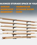 Garage Ready Six Level Wood Organizer And Lumber Storage Metal Rack With Wall Mount for garage or shed, showcasing six shelves.