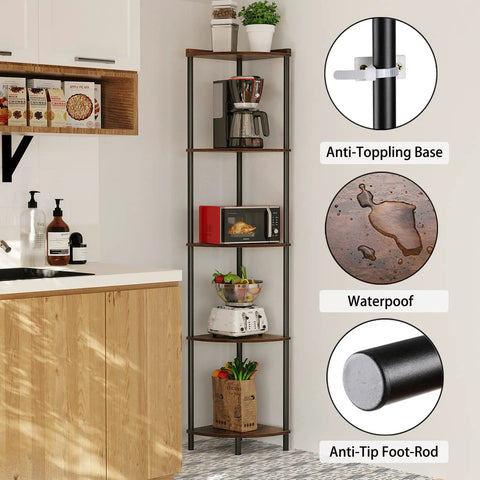 Five Tier Corner Shelving Unit Super Sturdy Storage Rack No Fuss Setup Fits Like A Glove In Tight Spaces, displaying kitchen items and plants.