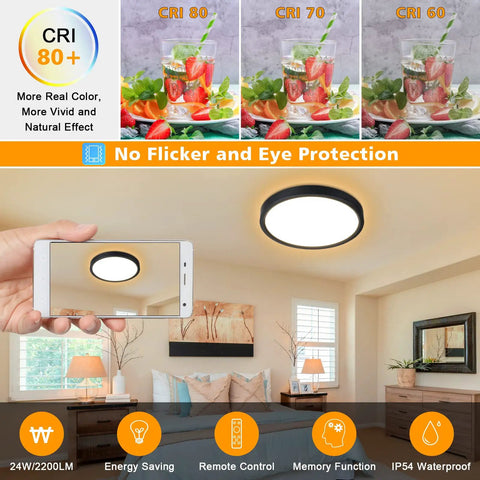 Dimmable LED Flush Mount Ceiling Light With Remote Control, 3000K-6000K Color Changing, black fixture shown with remote.