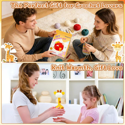 Adults and child using Beginner Crochet Kit For Adorable Giraffe Toy Made Easy And Fun With Yarn Hook And Video Tutorial Step By Step Instructions Complete DIY Craft Pack For Adults Arts And Crafts Lovers Room Decor Gift.