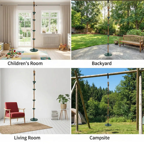 Outdoor Climbing Rope With Platform And Disc Swing Seat Set For Trees And Backyards displayed in various home settings.