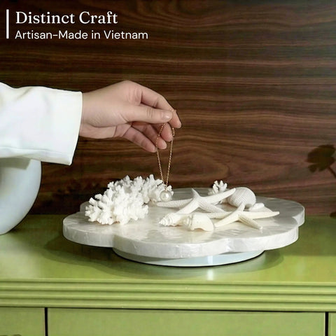 Genuine White Capiz Shell Rotating Lazy Susan Serving Tray For Dining Tables, 12 inch with coral decor and smooth surface.