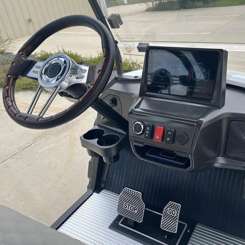 High Capacity Six Passenger Electric Golf Cart Featuring Rear Flip Seats Quiet Motor Drive plush dashboard with steering wheel and display