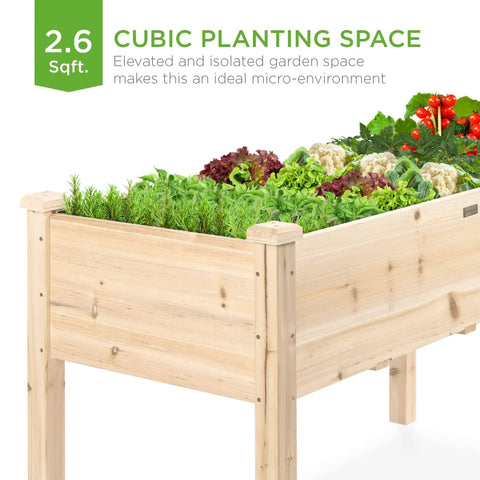 Raised Garden Bed On A Sturdy Wood Stand With Drainage And Bed Liner, Elevated Planter Box For Kids, filled with vegetables