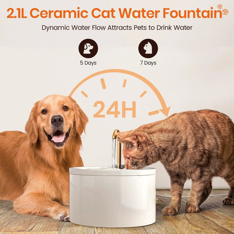 Ceramic Cat Water Fountain For Busy Cats With 2.1L 71 Ounces Capacity All Ceramic Body And Pure Copper Spout, dog and cat drinking