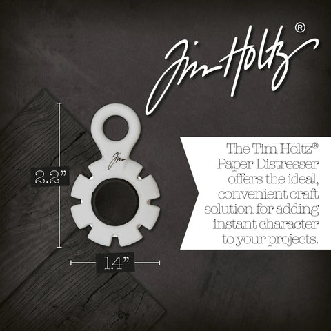 Paper Distressing Tool With 7 Recessed Blades For Scrapbooking And Card Making, shown with dimensions and branding.