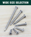 Rock Solid Size Twelve X Three Quarter Pan Head Self Drilling Screws Cut From Heavy Duty Stainless Steel With Phillips Drive mix of sizes