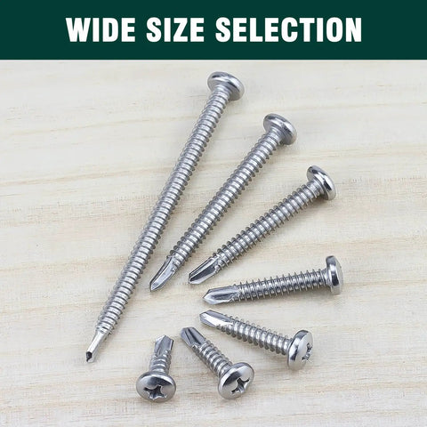 Rock Solid Size Twelve X Three Quarter Pan Head Self Drilling Screws Cut From Heavy Duty Stainless Steel With Phillips Drive mix of sizes