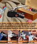 Grab-and-Go Handheld Sewing Machine Kit With 142 Piece Essentials, Wooden Storage Box, Dual Power Supply, Electric Switch, Heavy-Duty Scissors, Assorted Needles And Threads For Quick Home Repairs on fabric and jeans