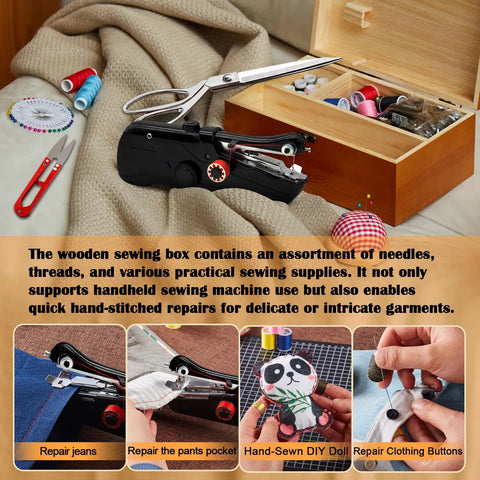 Grab-and-Go Handheld Sewing Machine Kit With 142 Piece Essentials, Wooden Storage Box, Dual Power Supply, Electric Switch, Heavy-Duty Scissors, Assorted Needles And Threads For Quick Home Repairs on fabric and jeans