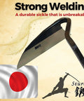 Close-up of the Nejiri Gama Hand Hoe Weeding Sickle with Japanese flag and strength icon on beige background.