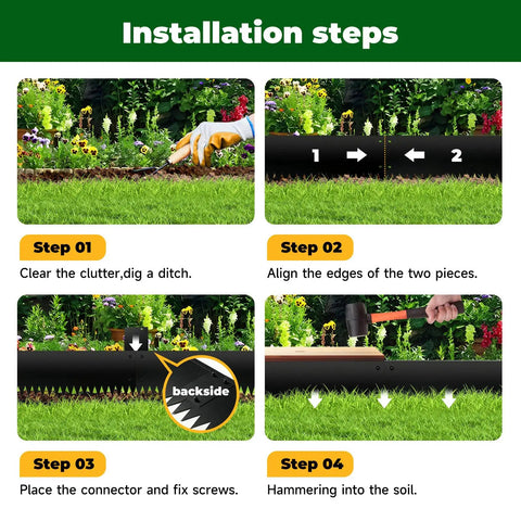 Installation steps for galvanized steel garden edging 40 inch strips with 180 degree bend and top edge protection.