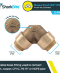 Brass Push To Connect One Half Inch 90 Degree Elbow Fitting For PEX Copper CPVC PE RT HDPE Plumbing Works In Tight Spaces