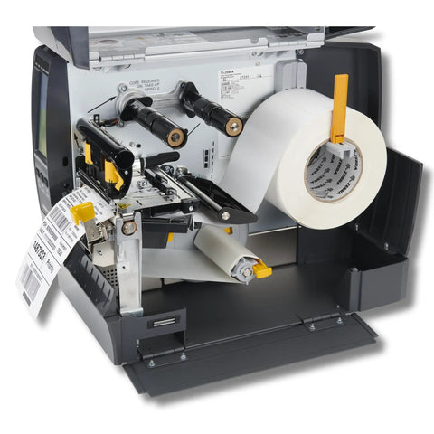 Inside view of Rugged Compact Thermal Industrial Printer With 4 Inch Width 203 DPI Resolution showing label rolls and printing mechanism.