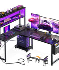 L Shaped Gaming Desk With LED Light And Power Outlet 53 Inch Reversible Computer Desk With Shelves and CPU Stand