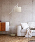 Serena 66 Inch Floor Lamp With Matte White Finish Faux Wood Accents And Natural Jute Shade Adjustable Arm Dimmable Rotary Socket