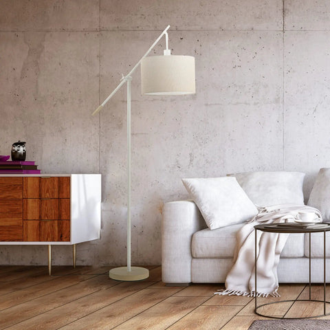 Serena 66 Inch Floor Lamp With Matte White Finish Faux Wood Accents And Natural Jute Shade Adjustable Arm Dimmable Rotary Socket