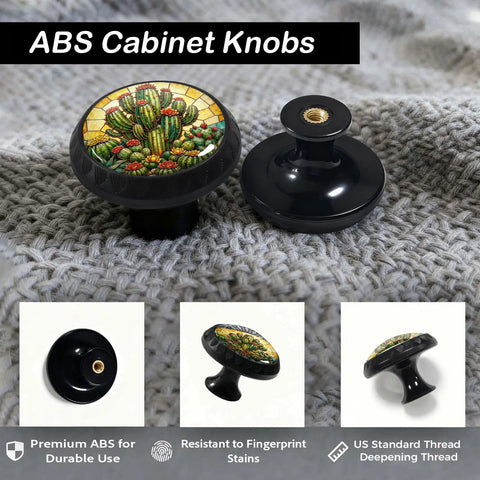 4 Pack Vintage Desert Cactus Cabinet Knobs For Kitchen And Bathroom With Stained Glass Boho Southwest Vibes Green Cacti And Bright Red And Yellow Flowers Adds Cozy Rustic Charm on grey knit