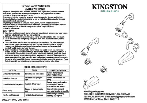 Instruction manual for Legacy Tub And Shower Faucet In Brushed Nickel 5 Inch Spout Reach Wall Mount Solid Brass Built To Last Zinc Duraseal