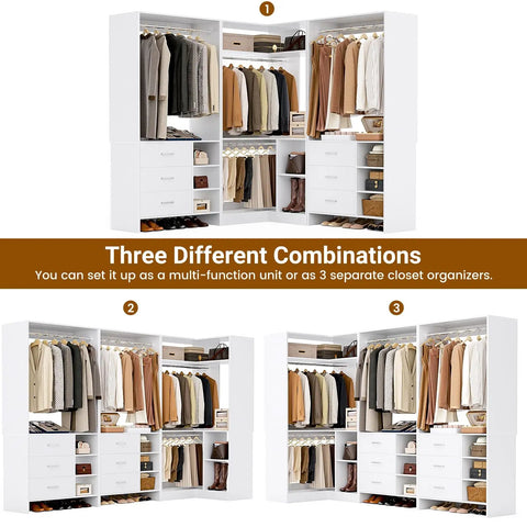 Legit Heavy Duty L Shaped Closet System With Six Roomy Drawers Plus Four Sturdy Hanging Rods Corner Tower Module For Walk In Wardrobe Setup showing three configurations.