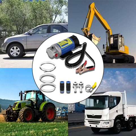 Heavy Duty DC 12V 100W Oil Extractor Pump With Straight Plug In Self Priming Motor and Low Noise Design, displayed with vehicles.